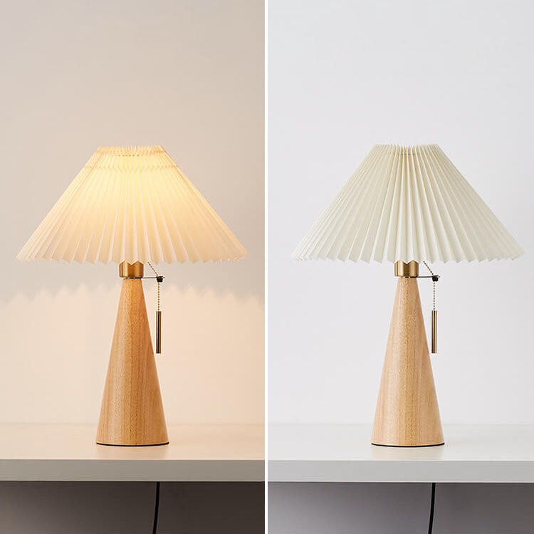 Wooden Table Lamp with Pleated Fabric Shade