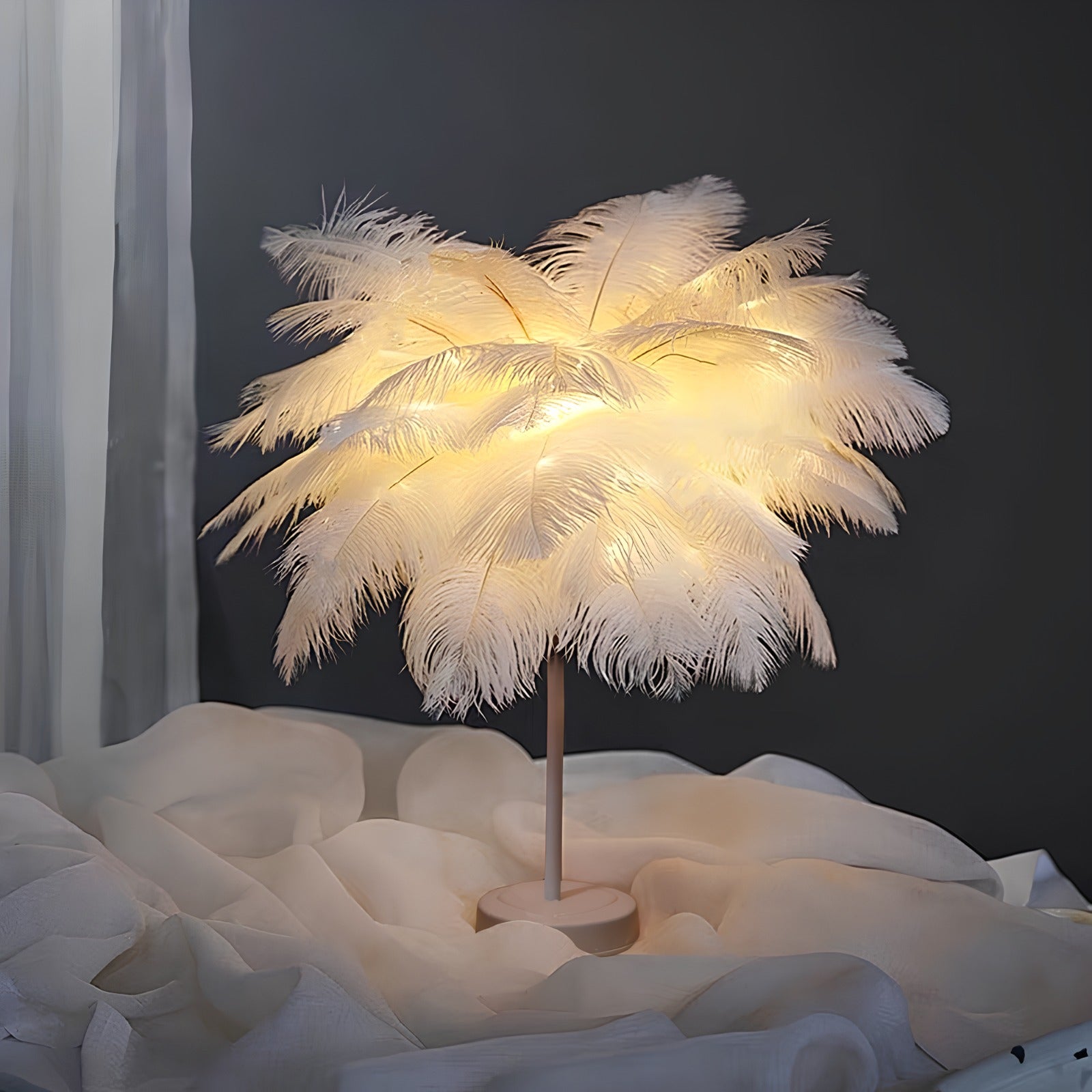 Feather Table Lamp with Metal Stem and Round Base
