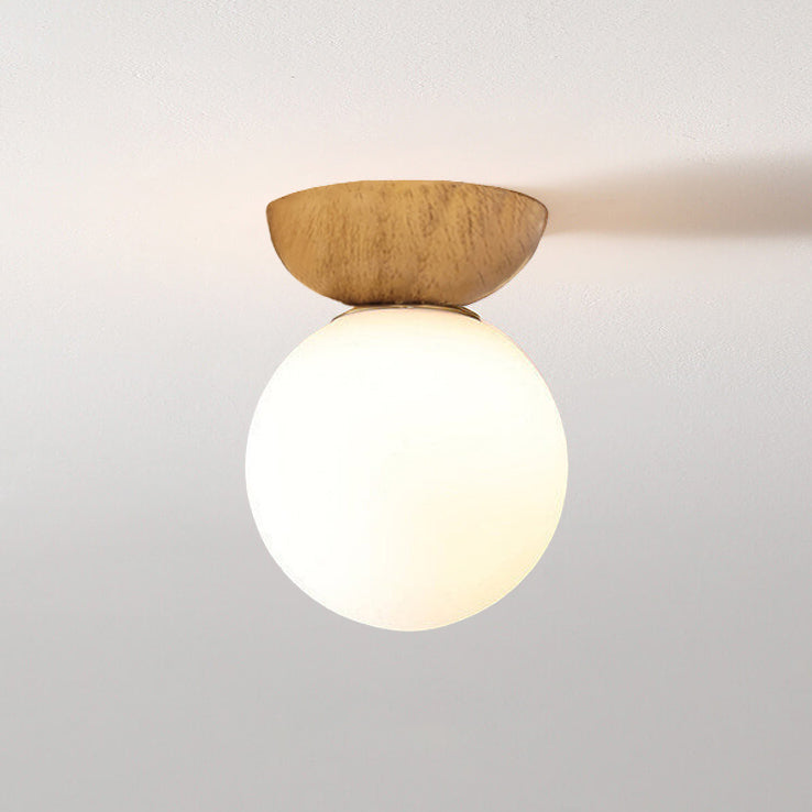 Single Globe Ceiling Light with Wooden Detail and Metal Mount