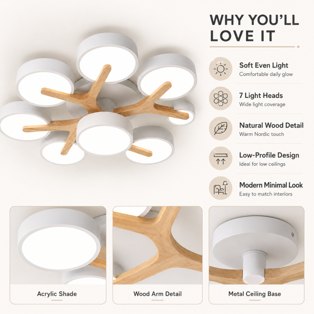 Scandinavische plafondlamp met 7 ronde ledkoppen