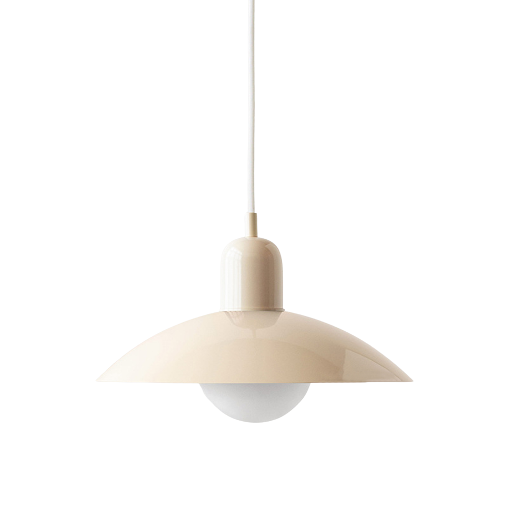 Hanging ceiling lamp with shallow curved metal shade