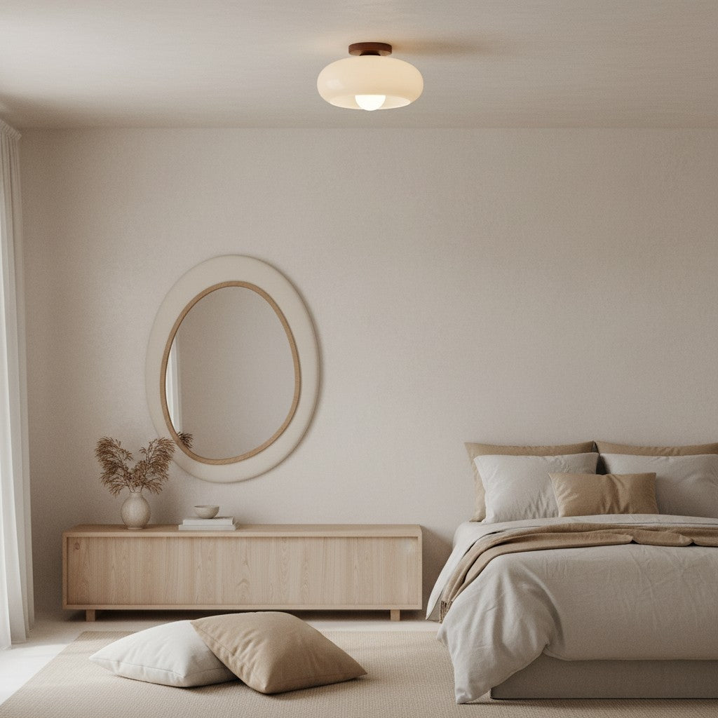 French Bauhaus Ceiling Light Fixture with Opal Glass Shade