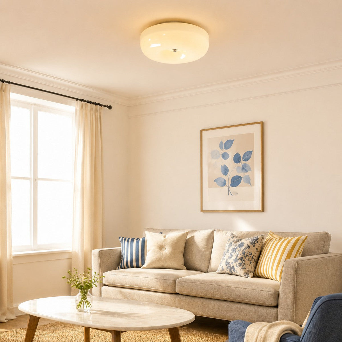 Bauhaus Glass Ceiling Light with Cream Pudding Shade