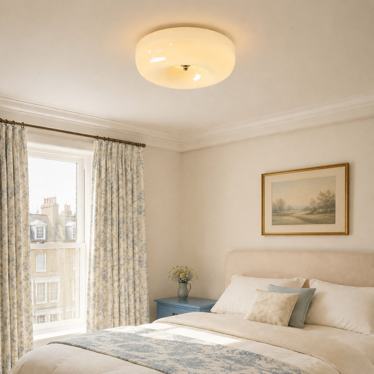 Bauhaus Glass Ceiling Light with Cream Pudding Shade