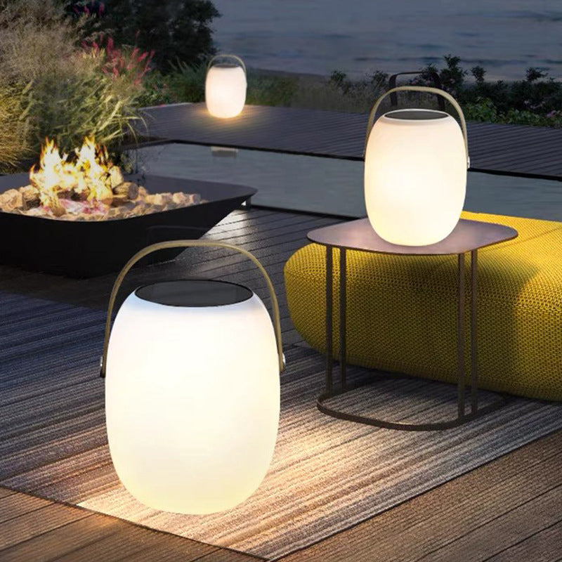White Lantern-Style Outdoor Table Lamp with Handle