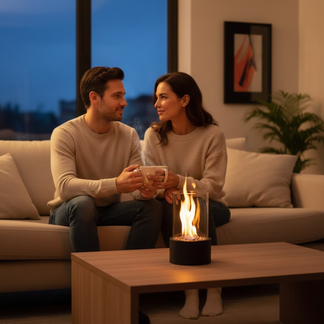 Tabletop Bio ethanol Fireplace with Glass Cylinder and Metal Base