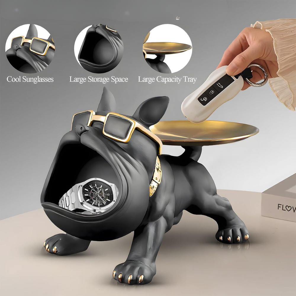 Polyresin Bulldog Ornament With Gold Tray