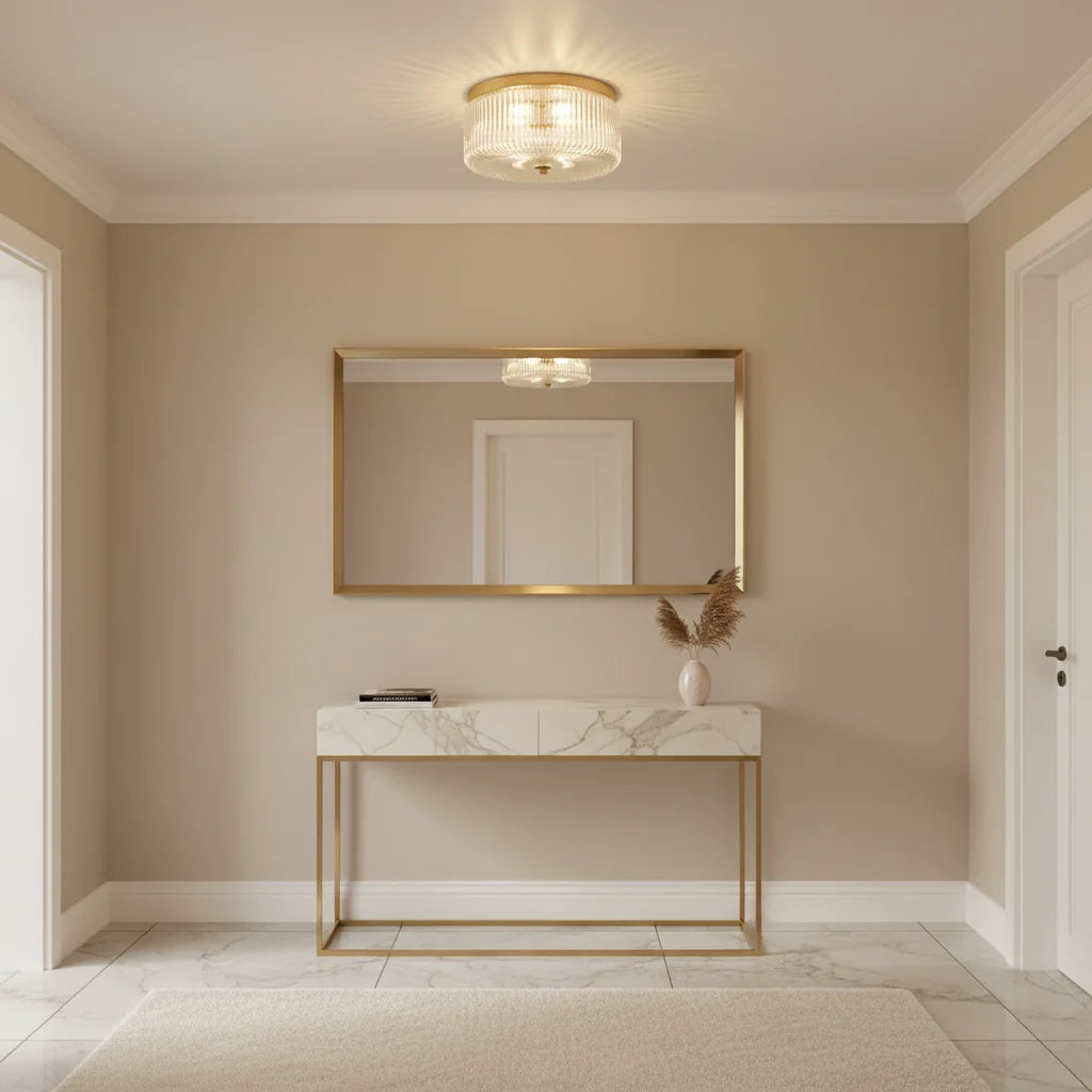 Round Ribbed Glass Ceiling Light with Gold Finish