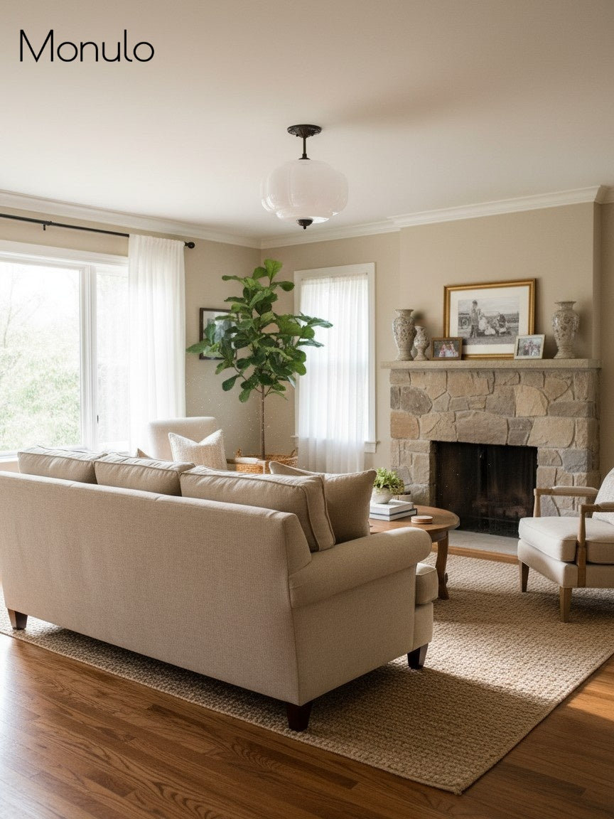 Vintage Milk Glass Semi-Flush Mount Pendant Light