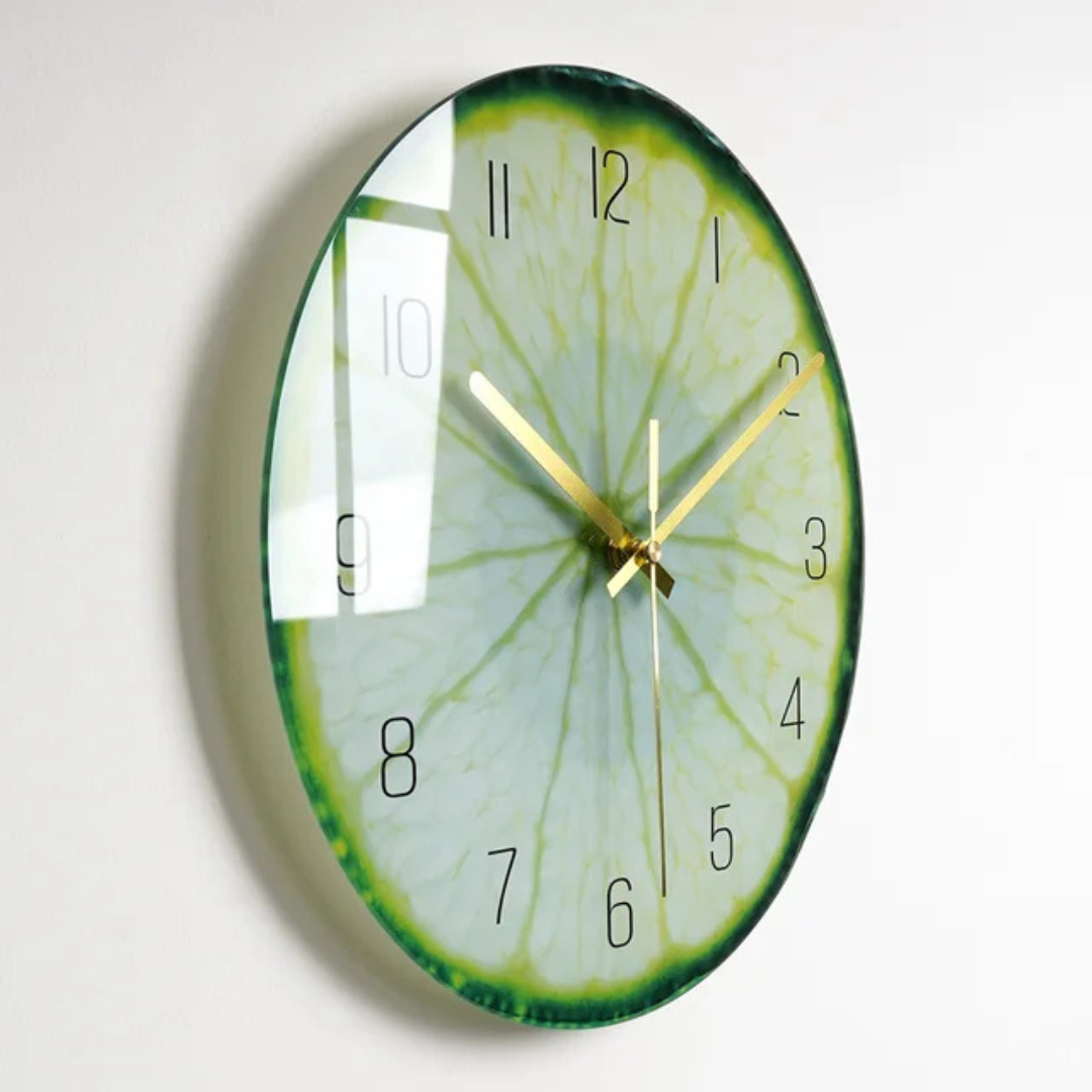Vibrant Glass Wall Clock with Golden Hands and Number Markers