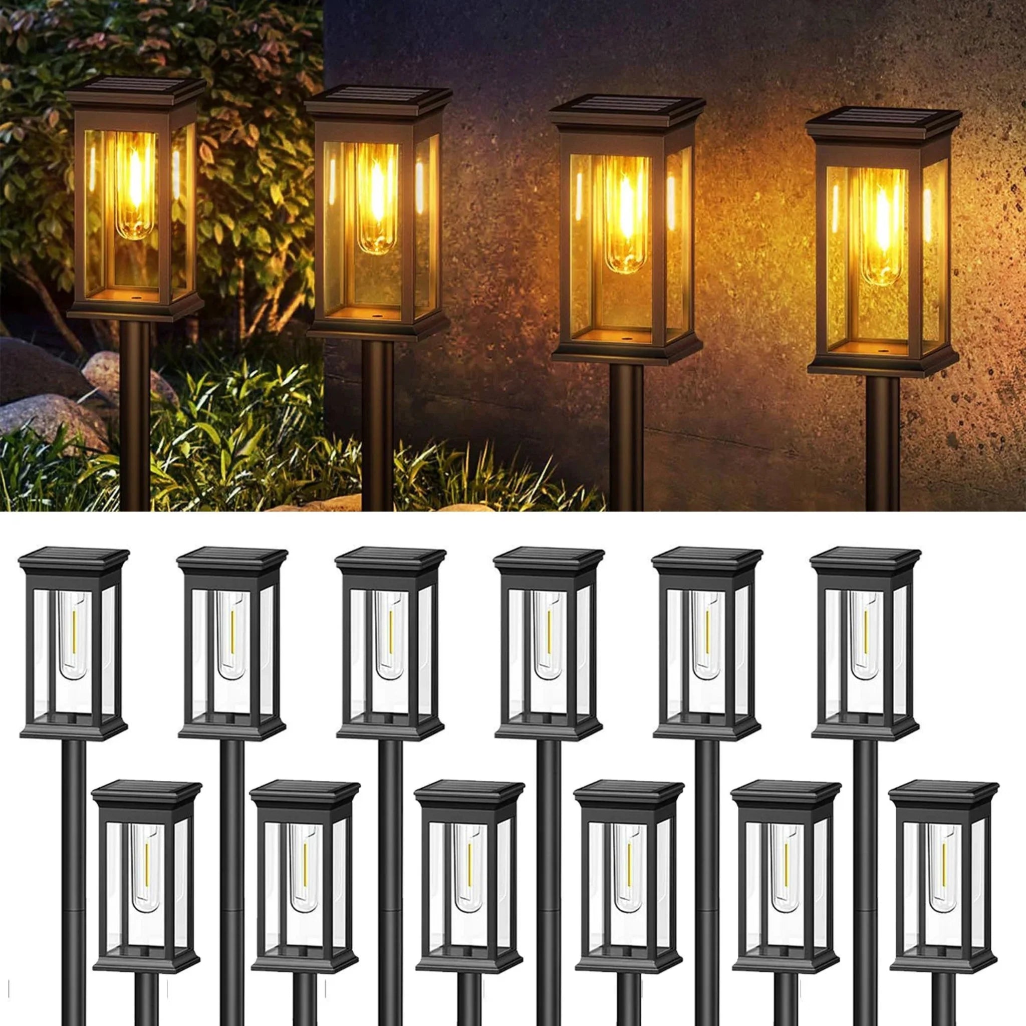 Solar Garden Post Lights with Glass Panels and Metal Frame