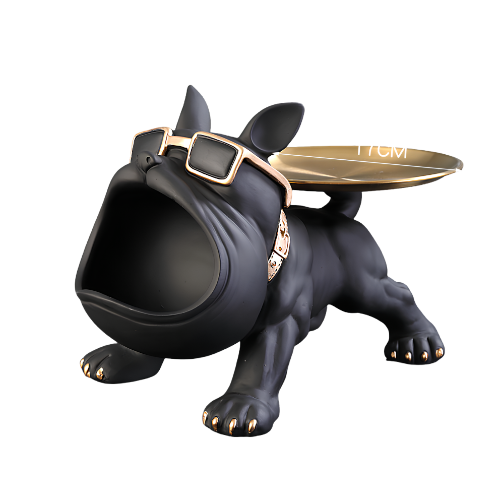 Polyresine bulldogbeeldje met gouden dienblad