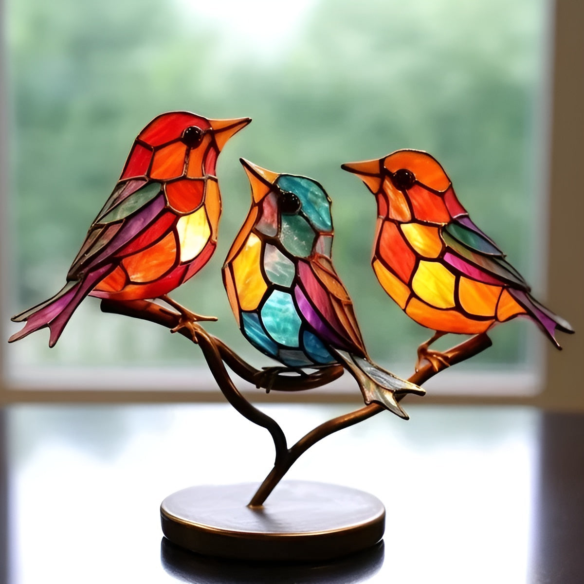 Coloured Glass-Look Birds Ornament On Metal Branch Stand