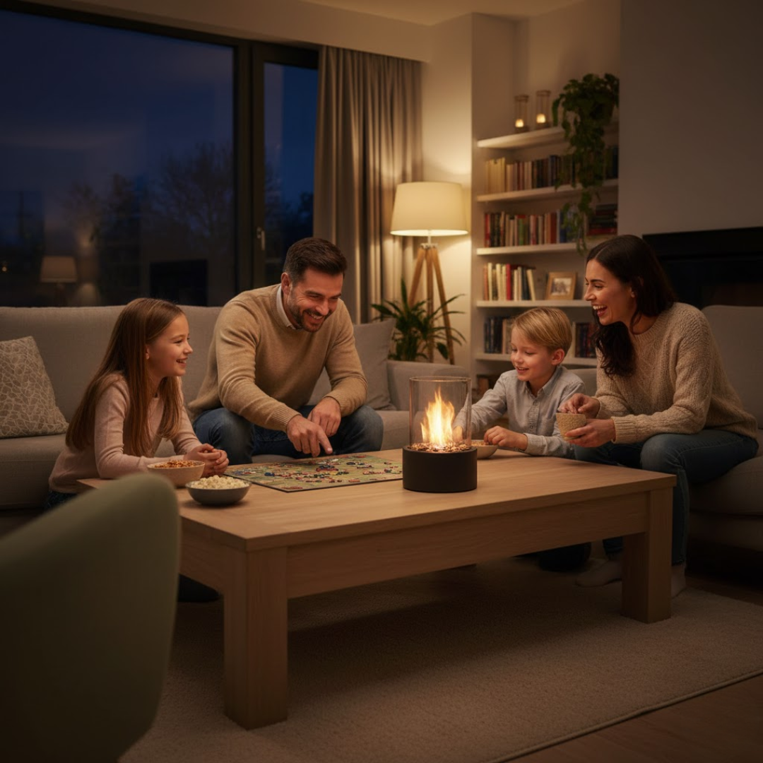 Tabletop Bio ethanol Fireplace with Glass Cylinder and Metal Base