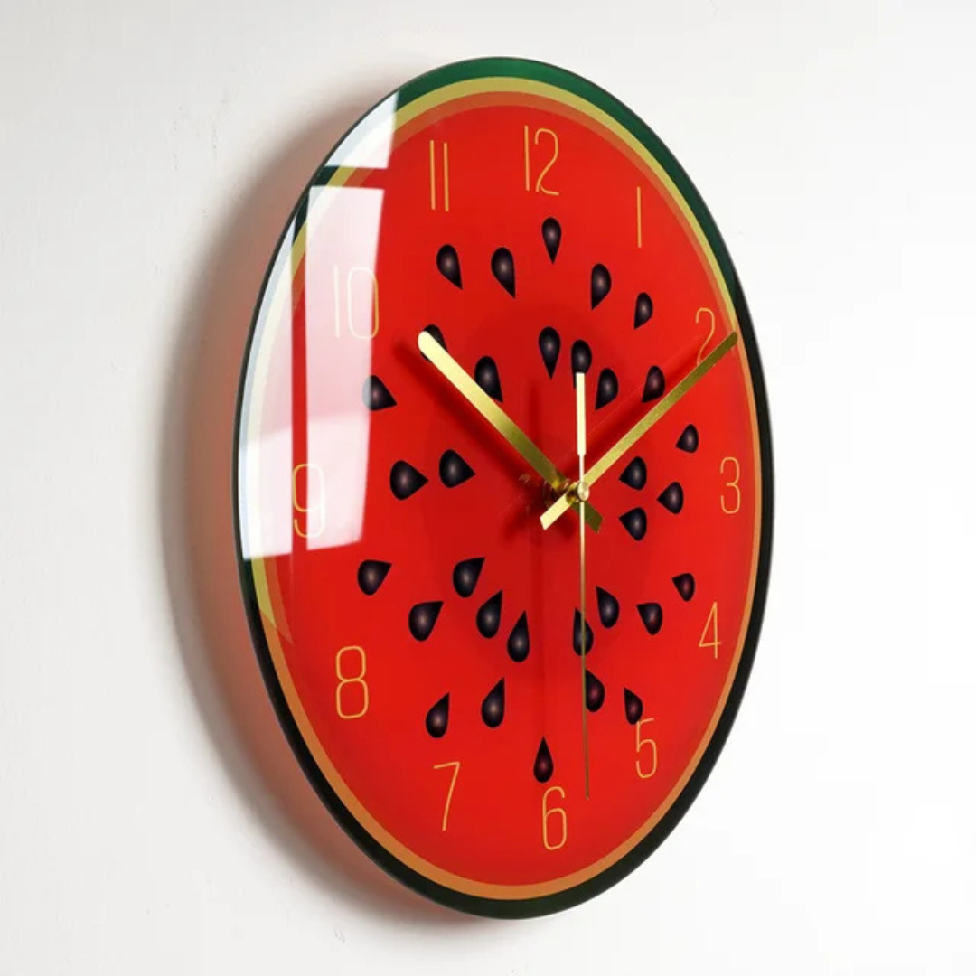 Vibrant Glass Wall Clock with Golden Hands and Number Markers