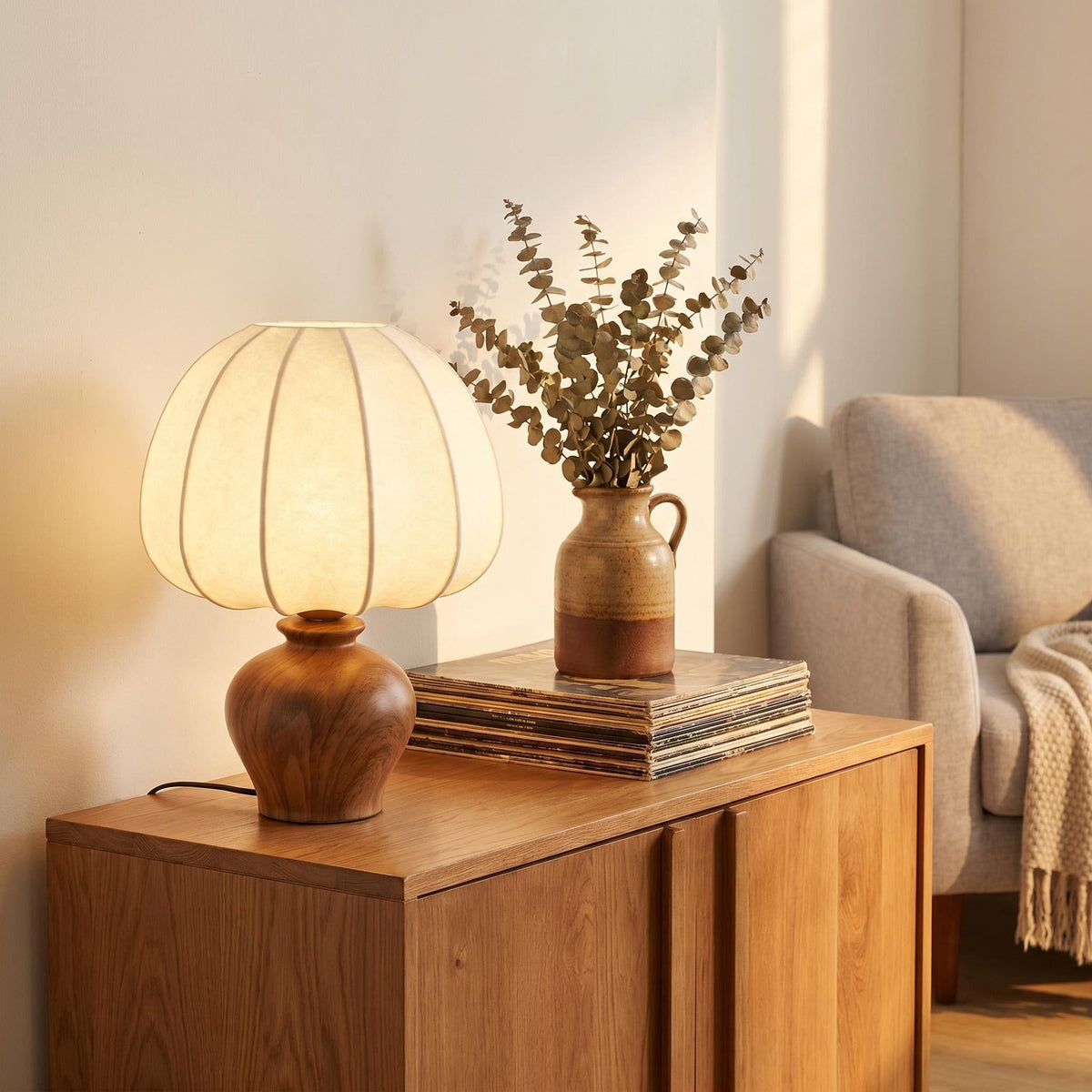 Lampe de chevet rétro en céramique avec abat-jour plissé en lin