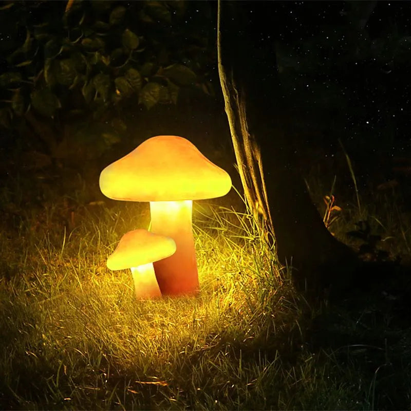 Outdoor Mushroom LED Garden Lamp Set in Orange Resin