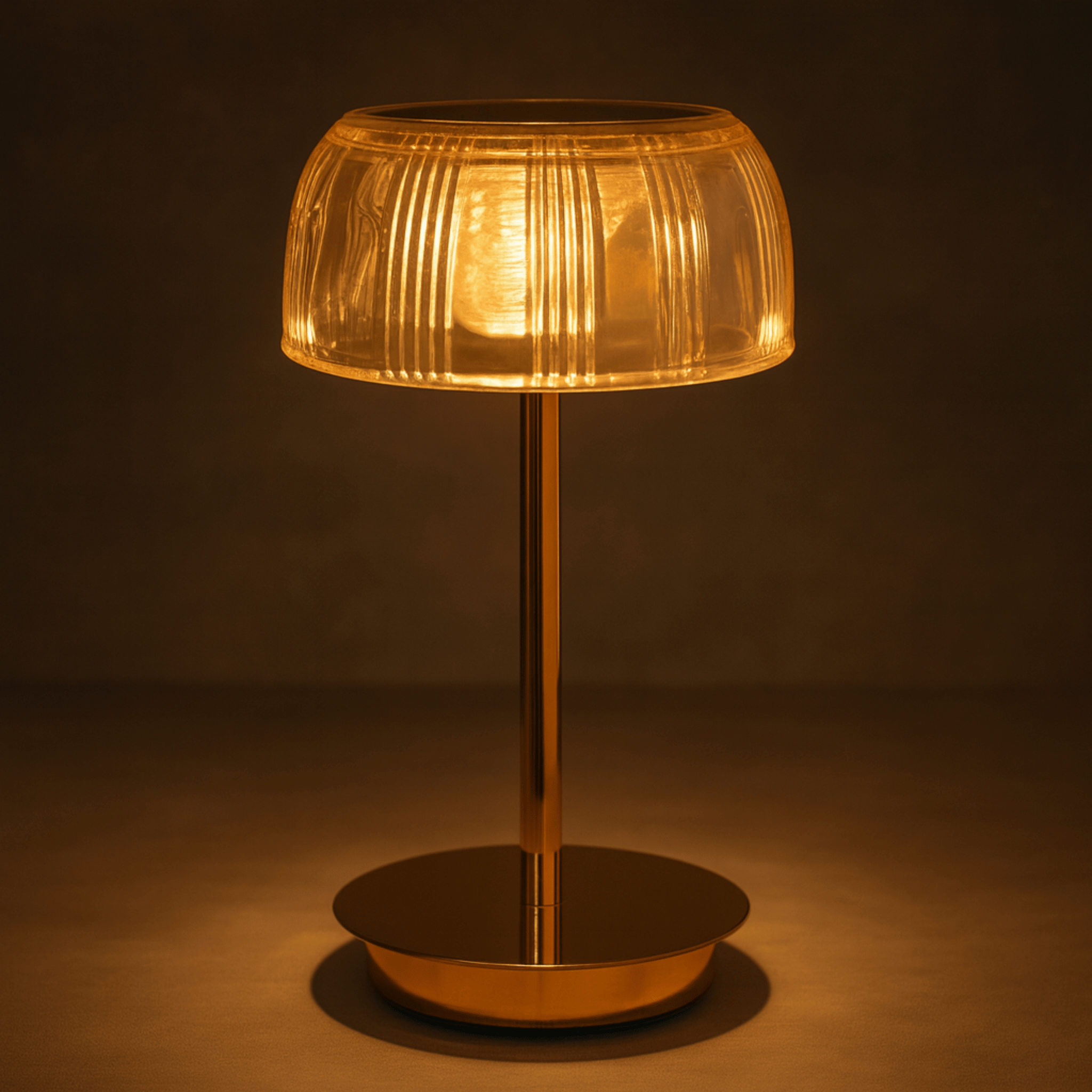 Oplaadbare LED Glazen Tafellamp met Geribbelde Schaduw en Metalen Basis