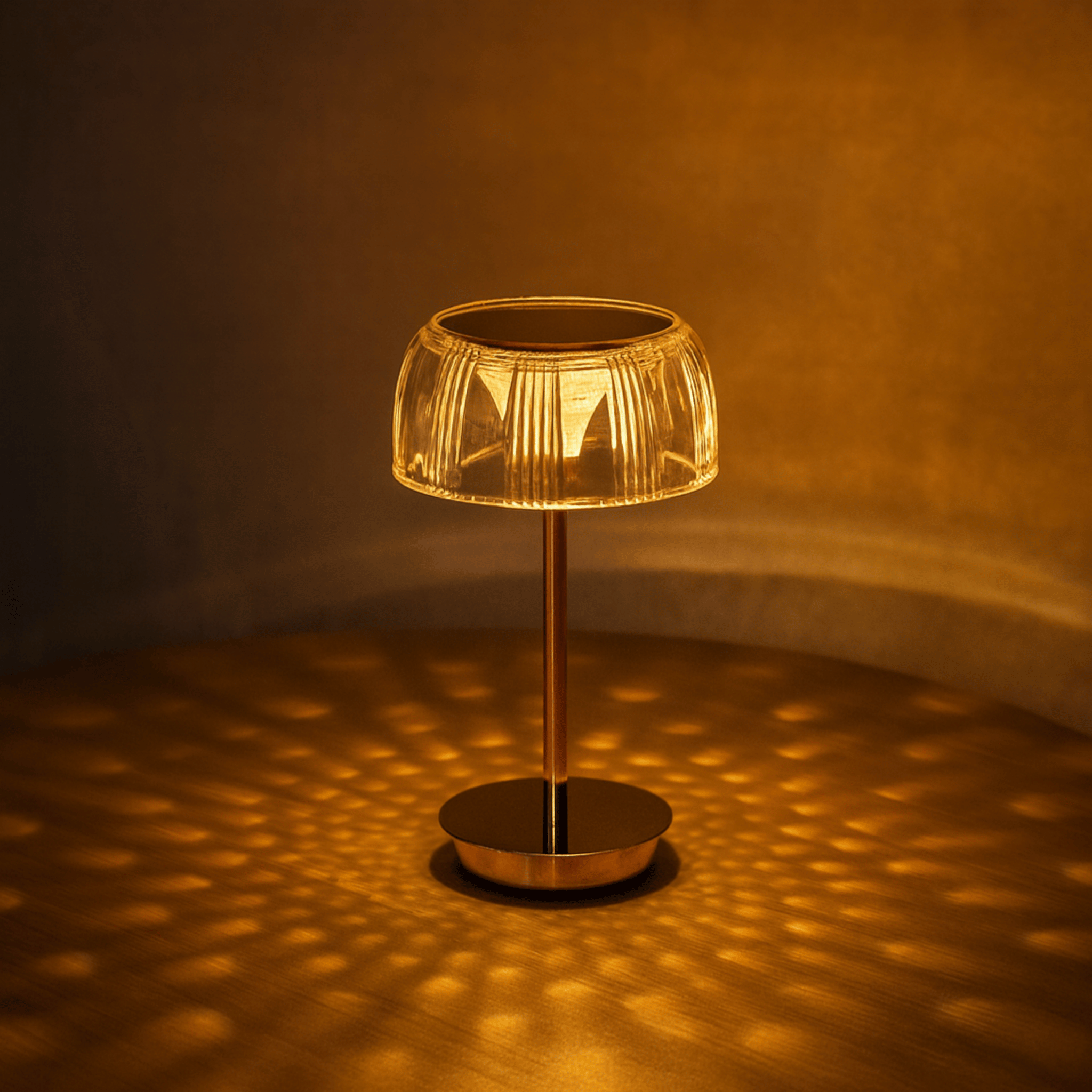 Oplaadbare LED Glazen Tafellamp met Geribbelde Schaduw en Metalen Basis