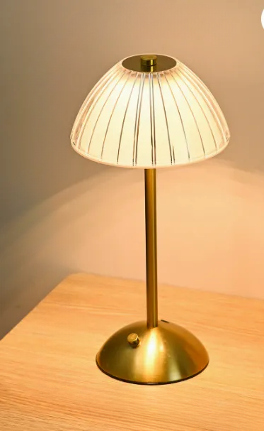 Rechargeable Table Lamp with Fluted Glass Shade and LED Light