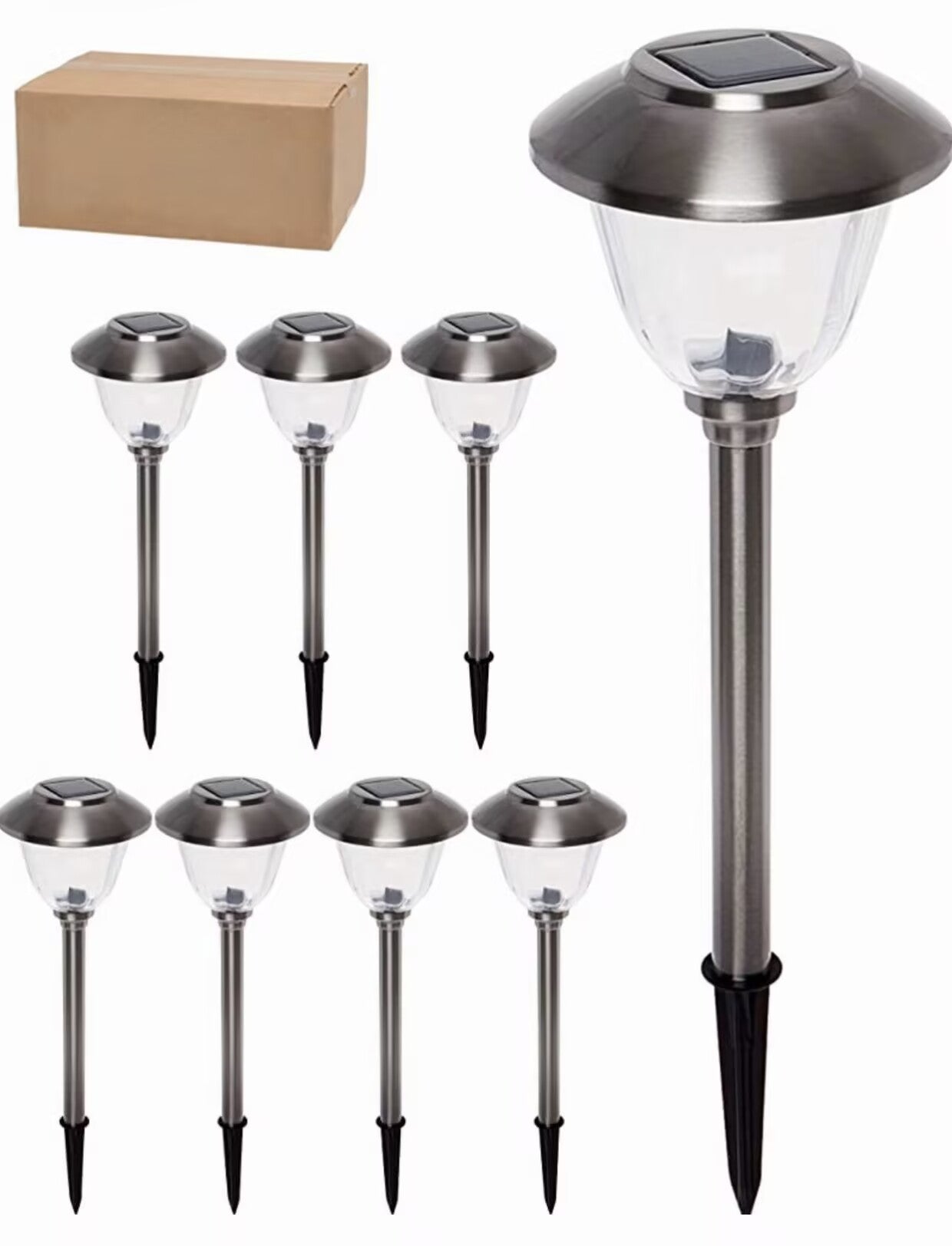 Set of 8 Solar Garden Path Lights with Metal Cap and Clear Glass
