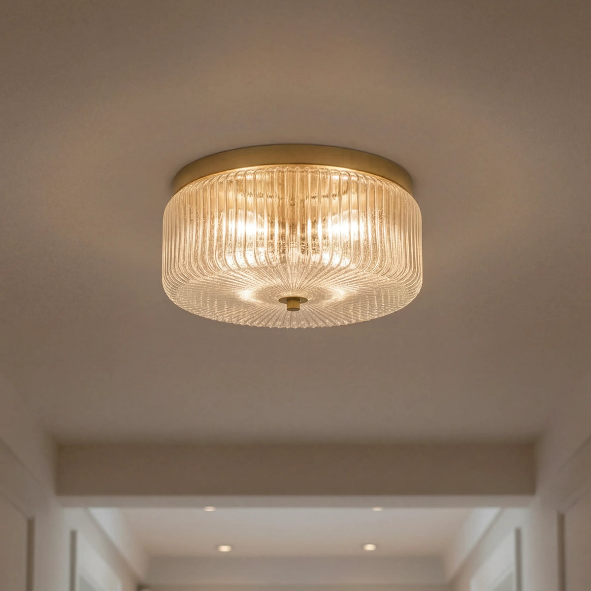 Round Ribbed Glass Ceiling Light with Gold Finish