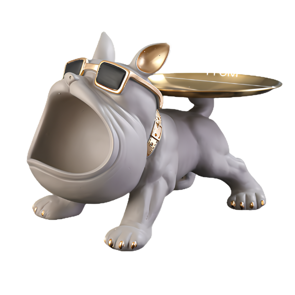 Polyresine bulldogbeeldje met gouden dienblad
