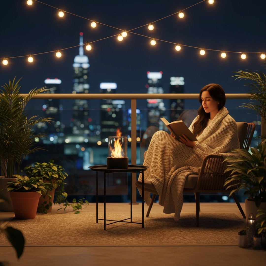 Tabletop Bio ethanol Fireplace with Glass Cylinder and Metal Base