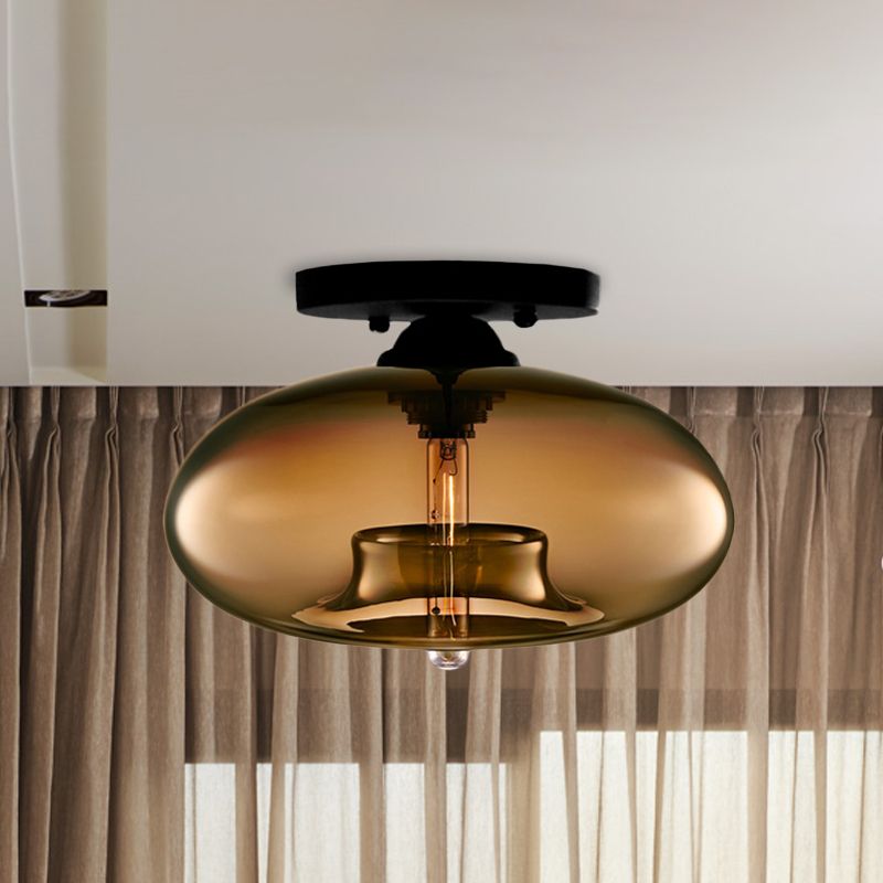 Art Deco Globe Ceiling Light Amber Glass Flush Mount Fixture