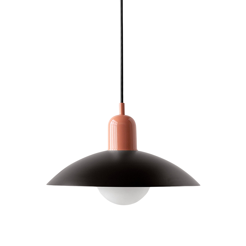 Hanging ceiling lamp with shallow curved metal shade