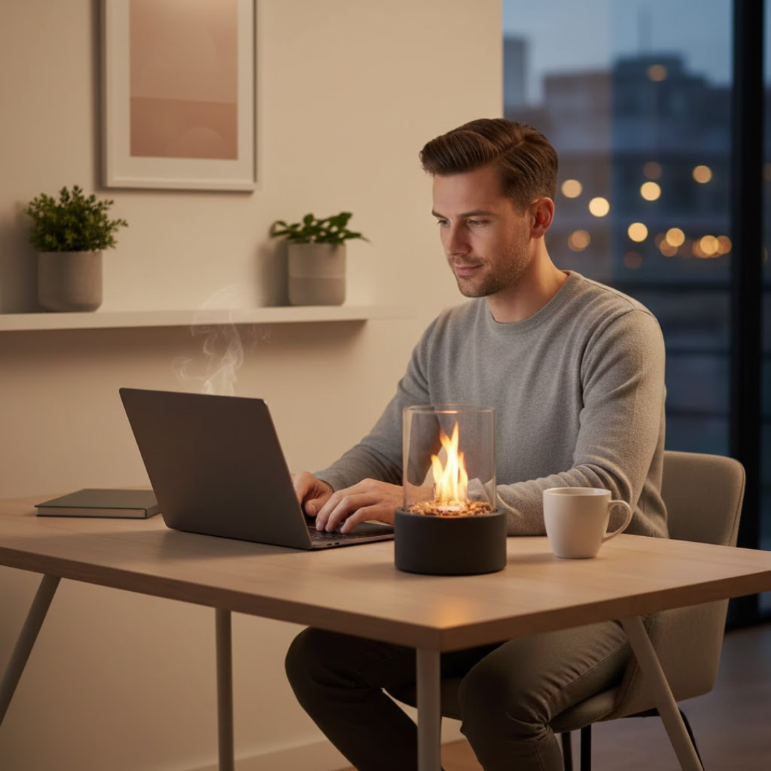 Tabletop Bio ethanol Fireplace with Glass Cylinder and Metal Base