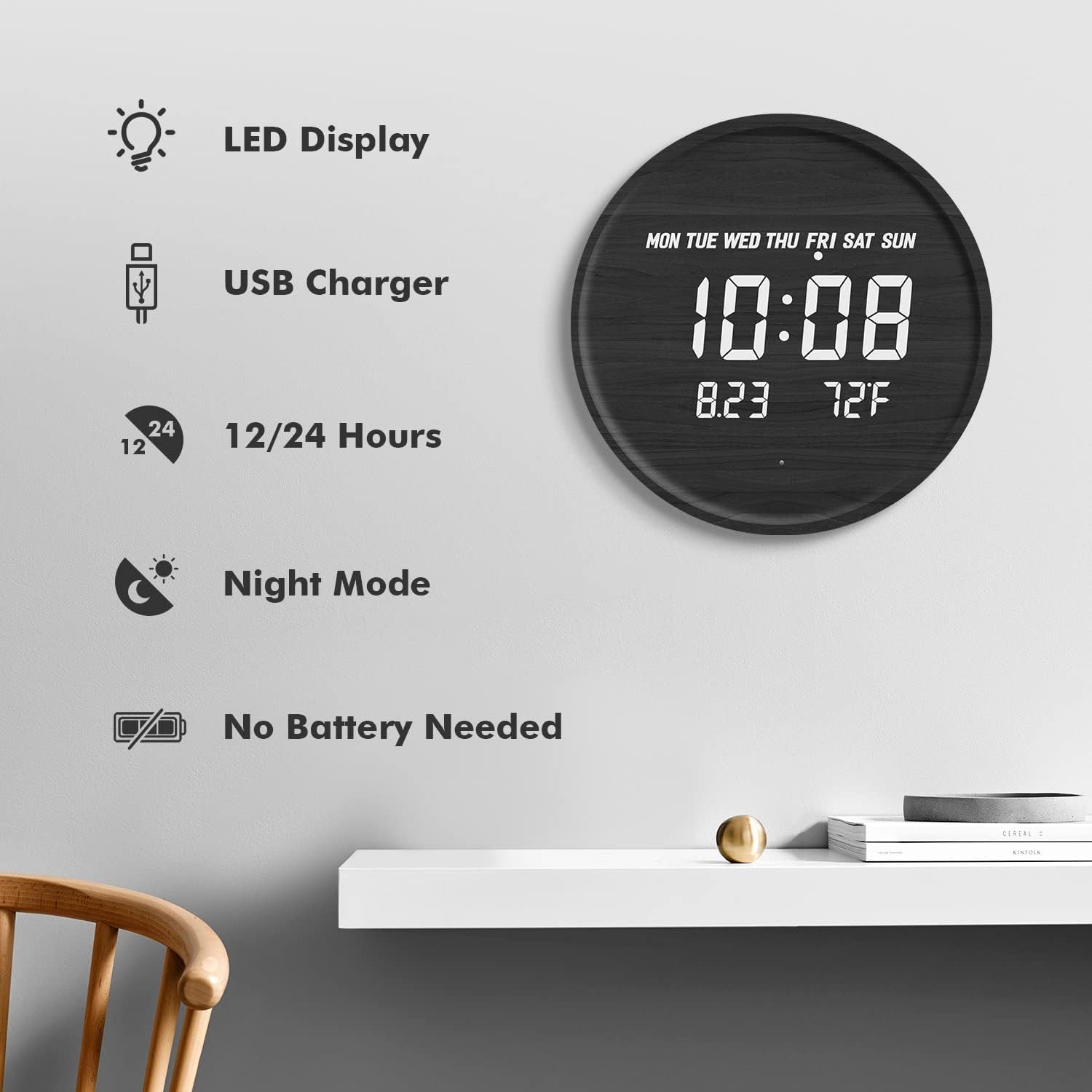 Scandinavian Digital Wall Clock With LED Display And USB Power