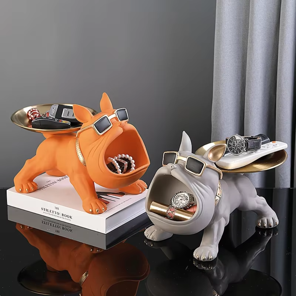 Polyresin Bulldog Ornament With Gold Tray