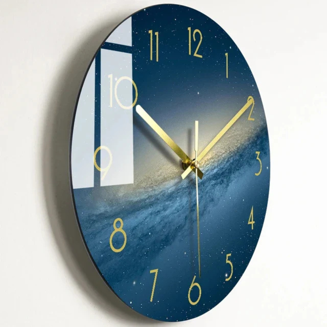 Vibrant Glass Wall Clock with Golden Hands and Number Markers