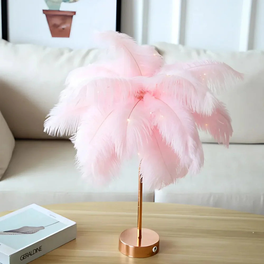 Feather Table Lamp with Metal Stem and Round Base