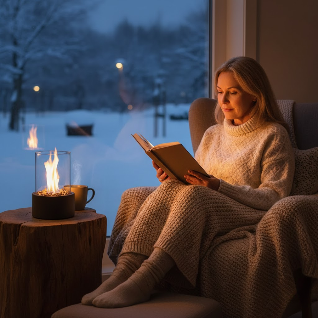 Tabletop Bio ethanol Fireplace with Glass Cylinder and Metal Base