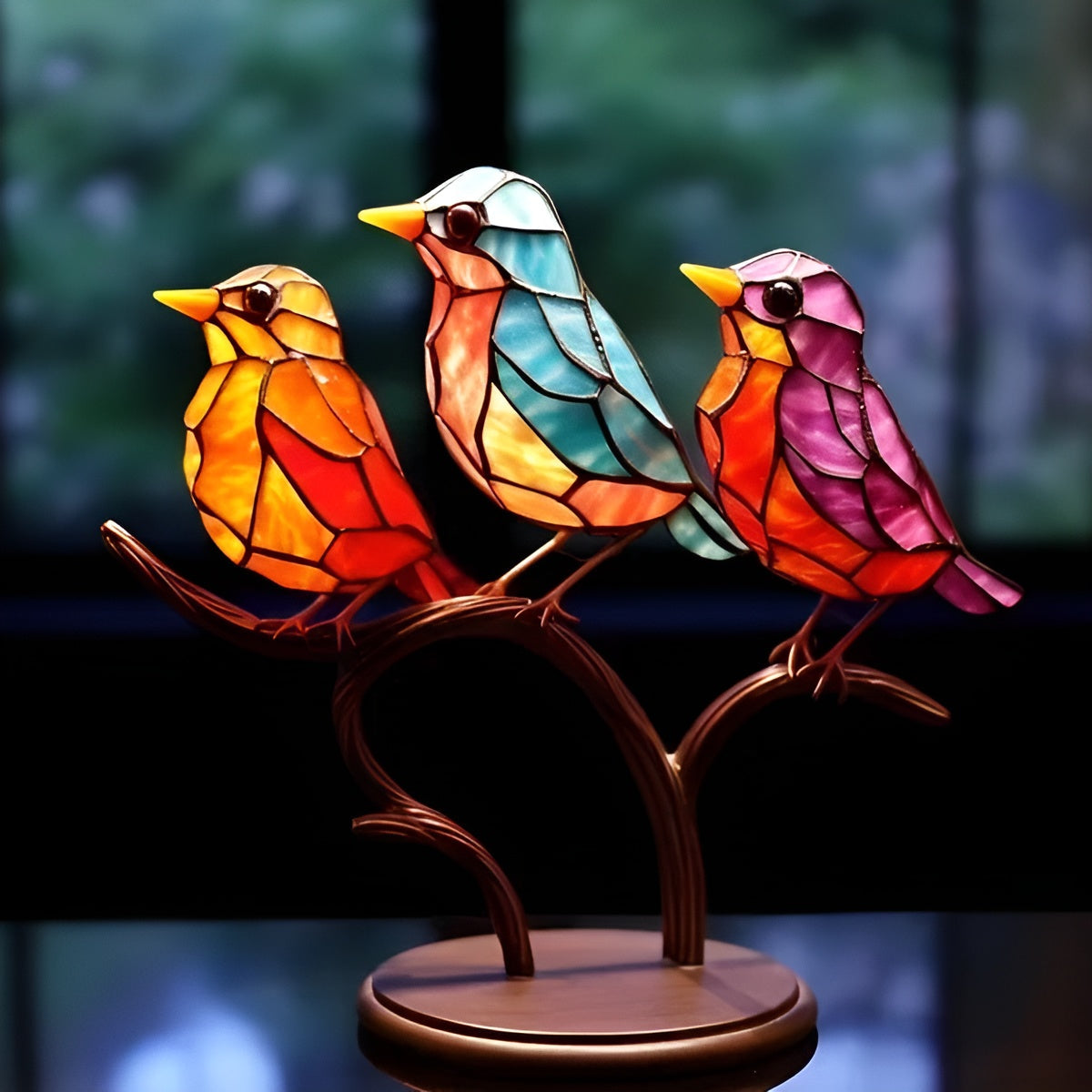 Coloured Glass-Look Birds Ornament On Metal Branch Stand