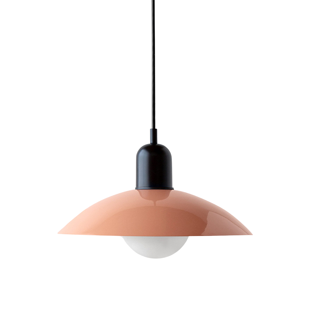 Hanging ceiling lamp with shallow curved metal shade