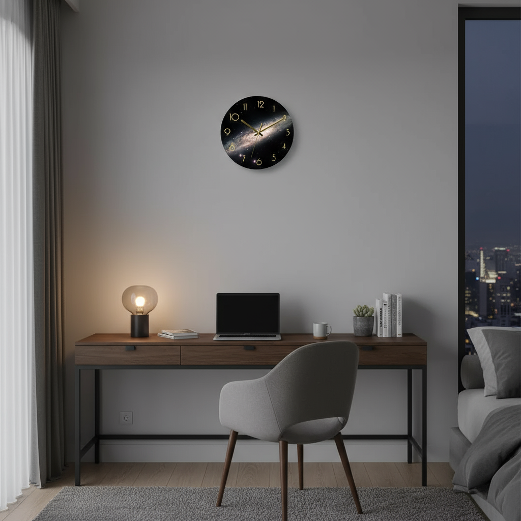 Vibrant Glass Wall Clock with Golden Hands and Number Markers