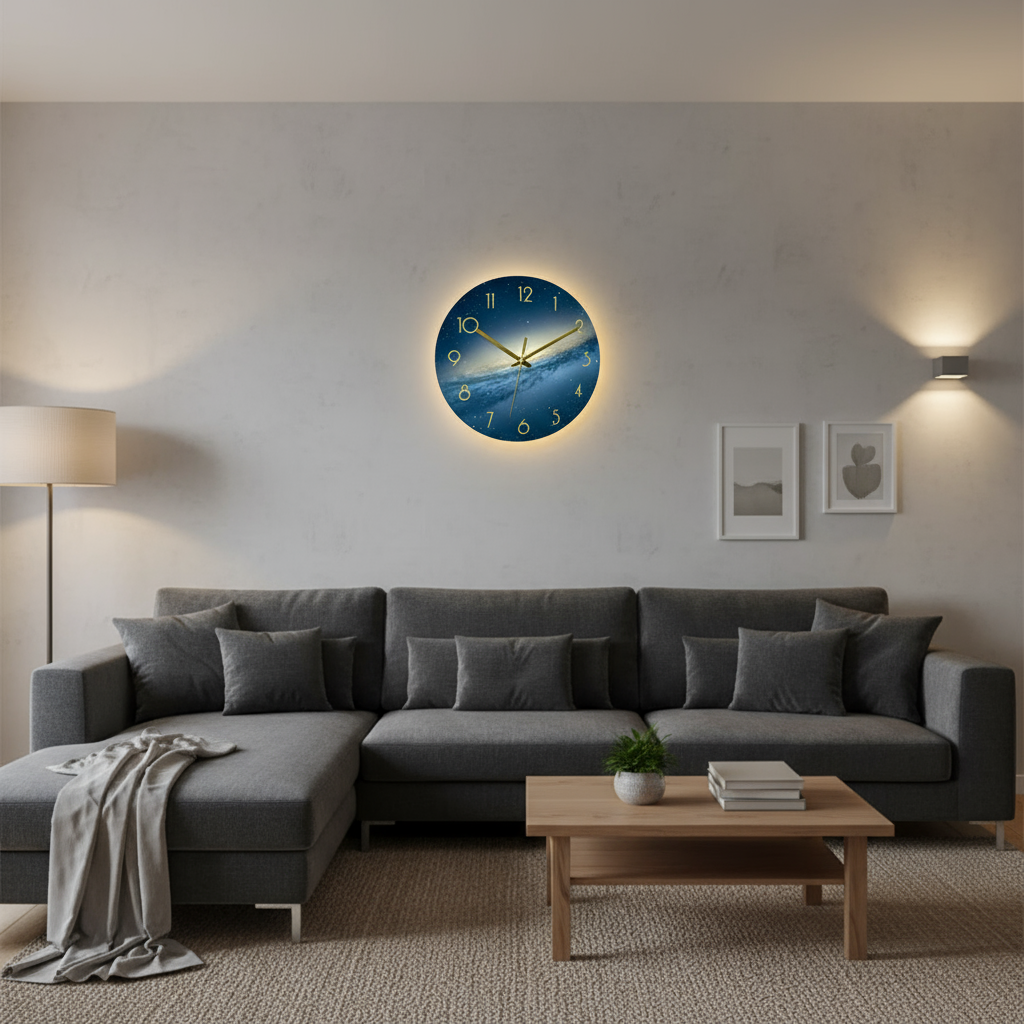 Vibrant Glass Wall Clock with Golden Hands and Number Markers