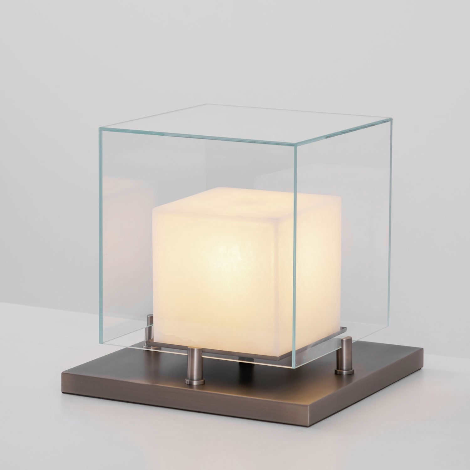 Cube Table Lamp with Glass Enclosure and Metal Base