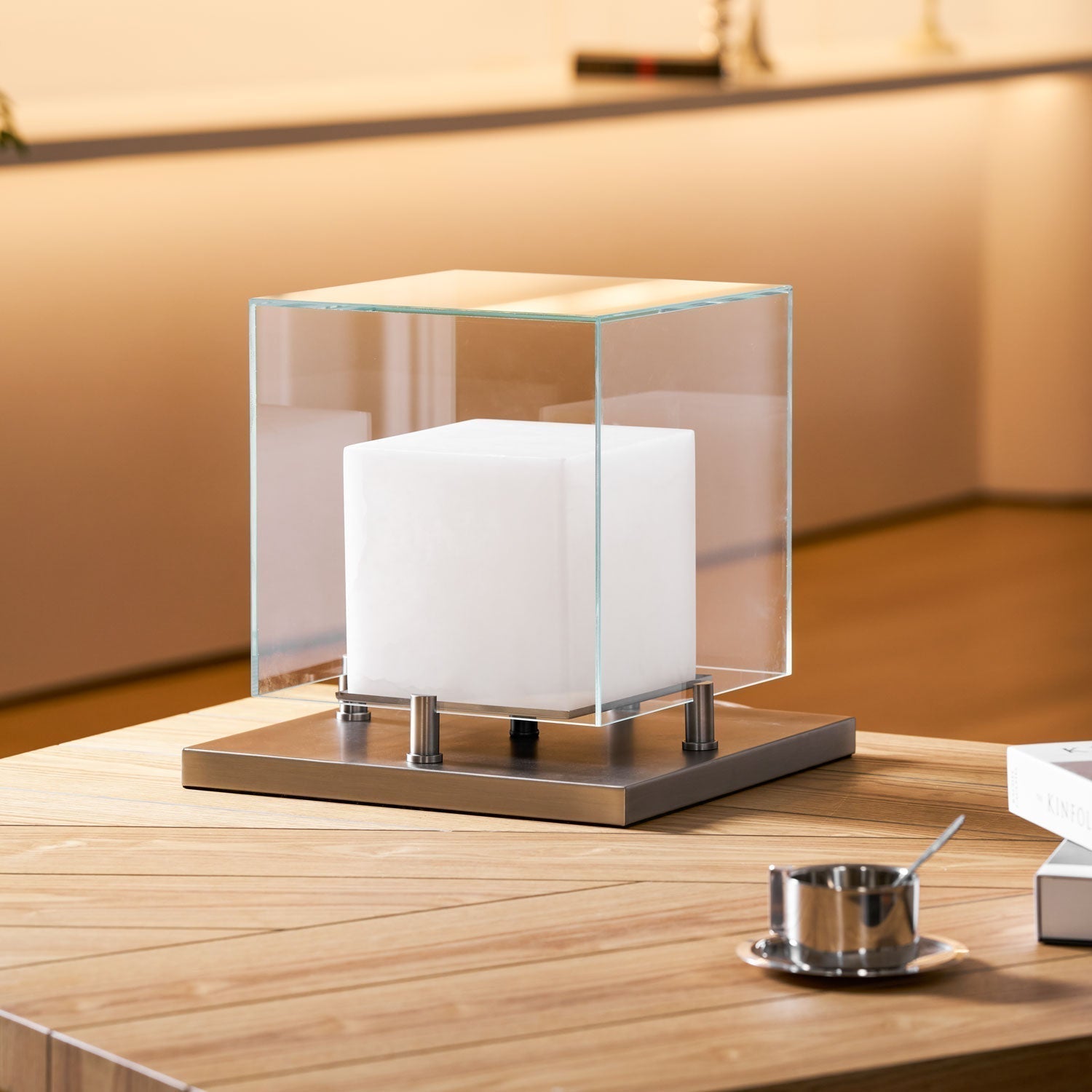 Cube Table Lamp with Glass Enclosure and Metal Base