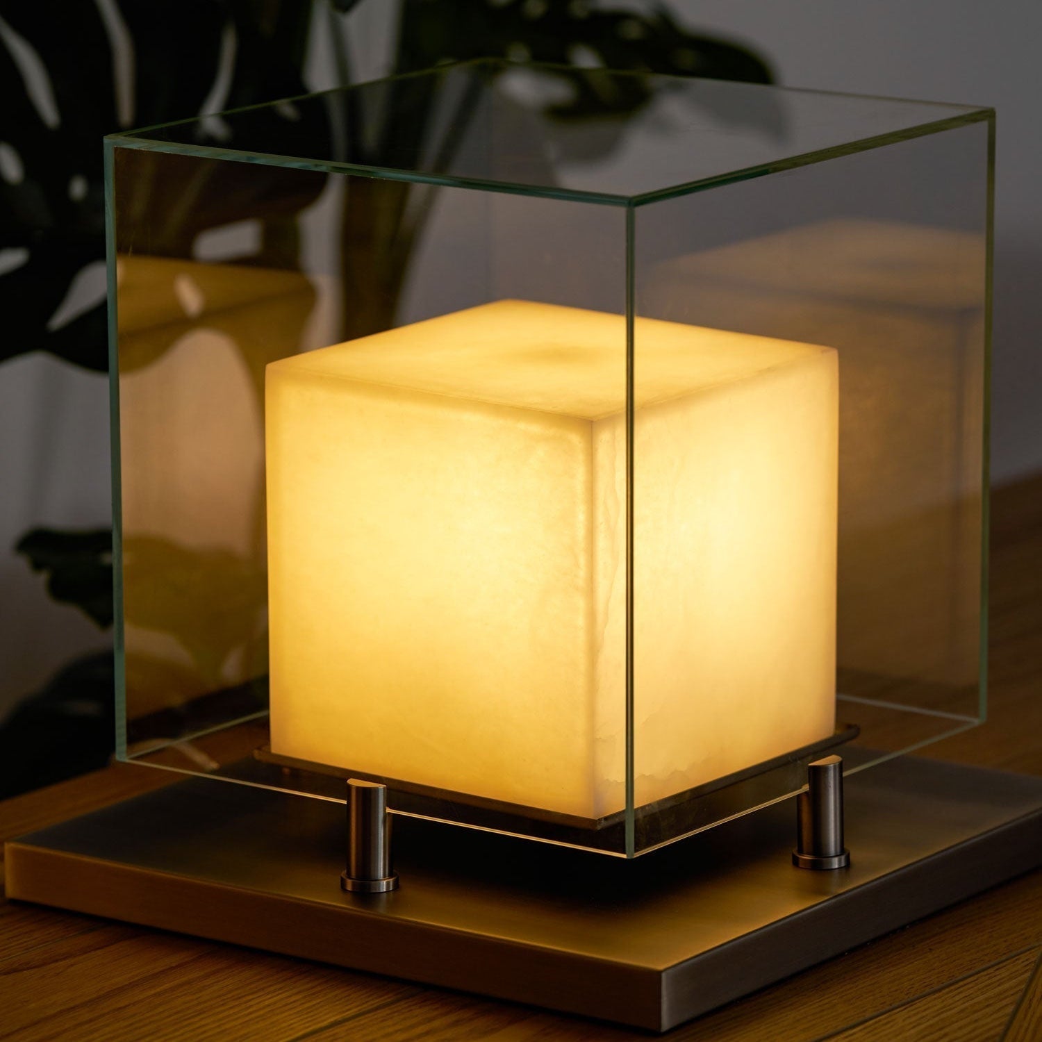 Cube Table Lamp with Glass Enclosure and Metal Base