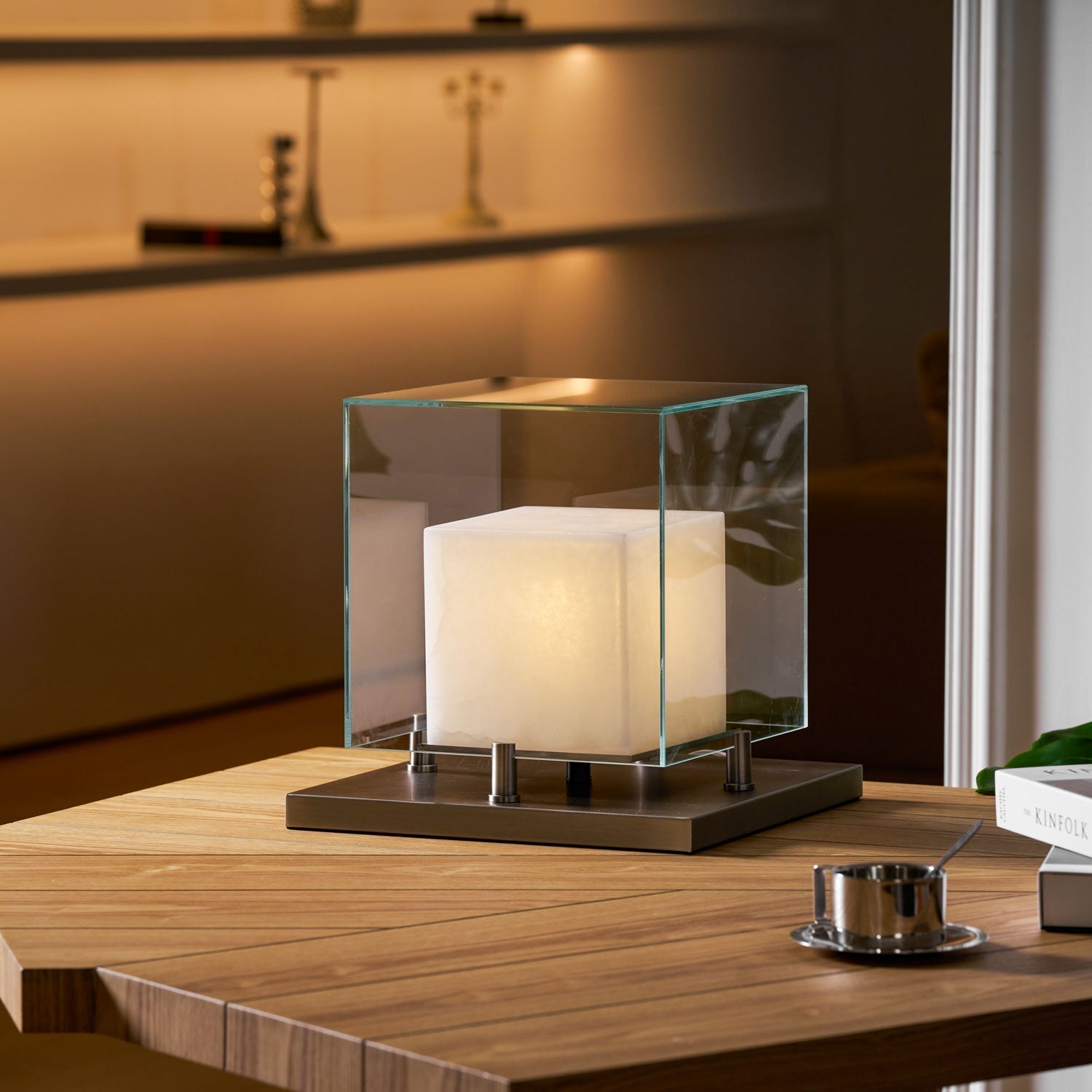 Cube Table Lamp with Glass Enclosure and Metal Base