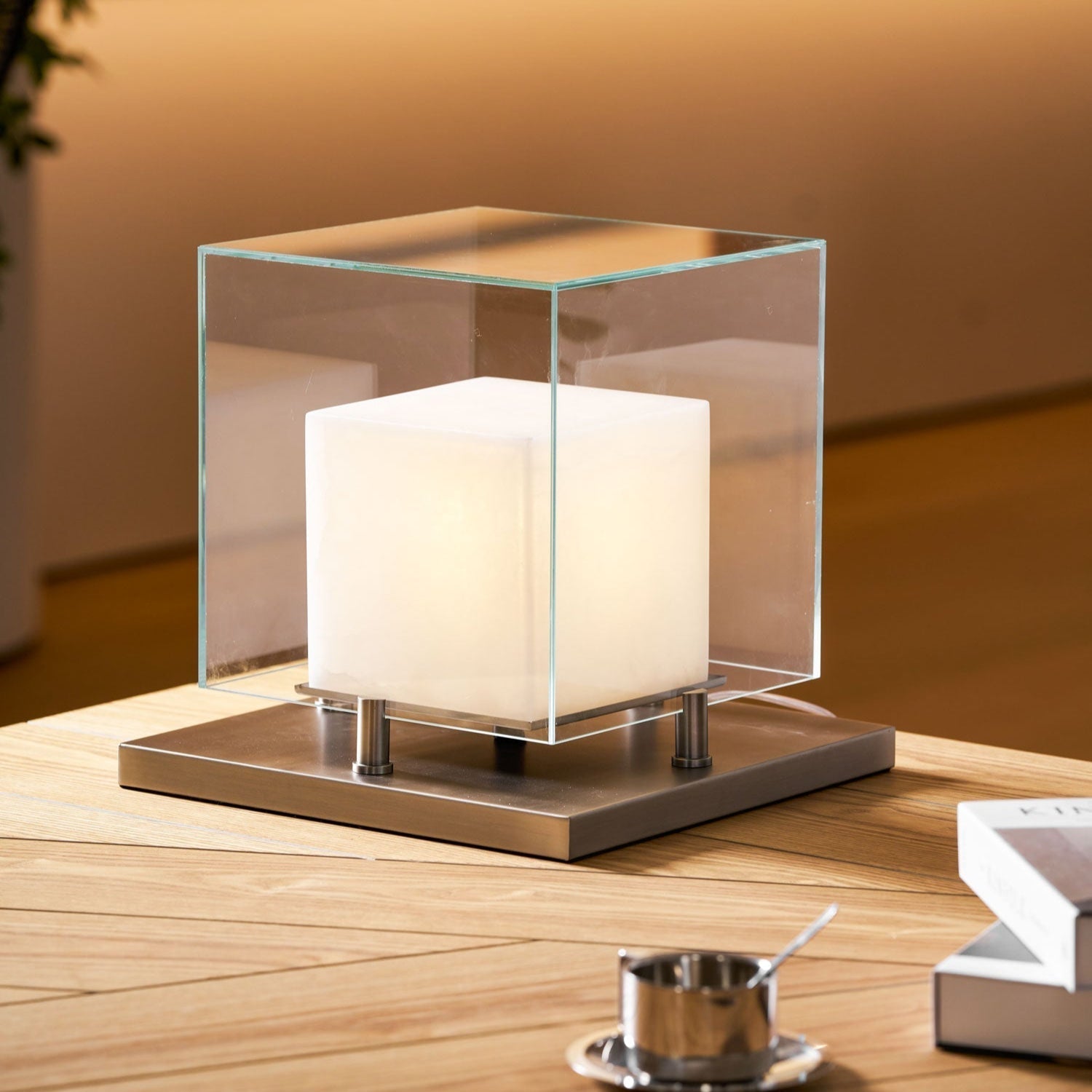 Cube Table Lamp with Glass Enclosure and Metal Base