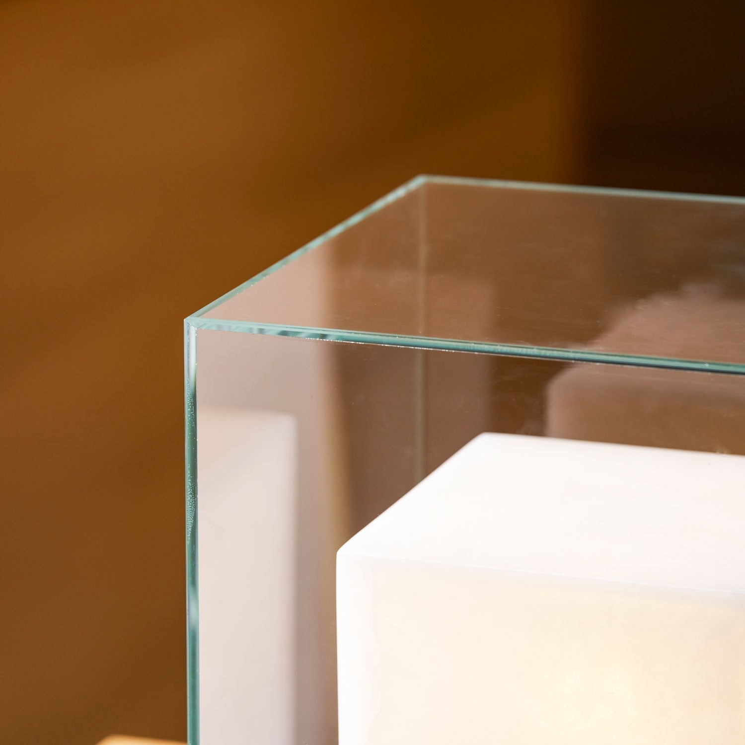 Cube Table Lamp with Glass Enclosure and Metal Base