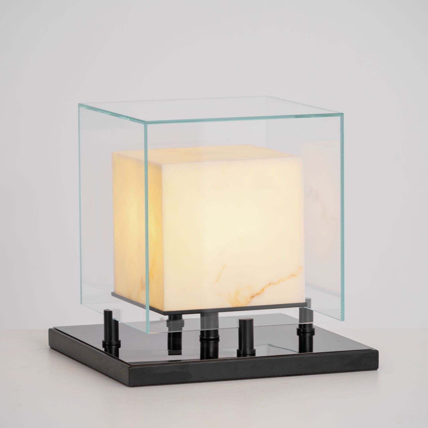 Cube Table Lamp with Glass Enclosure and Metal Base