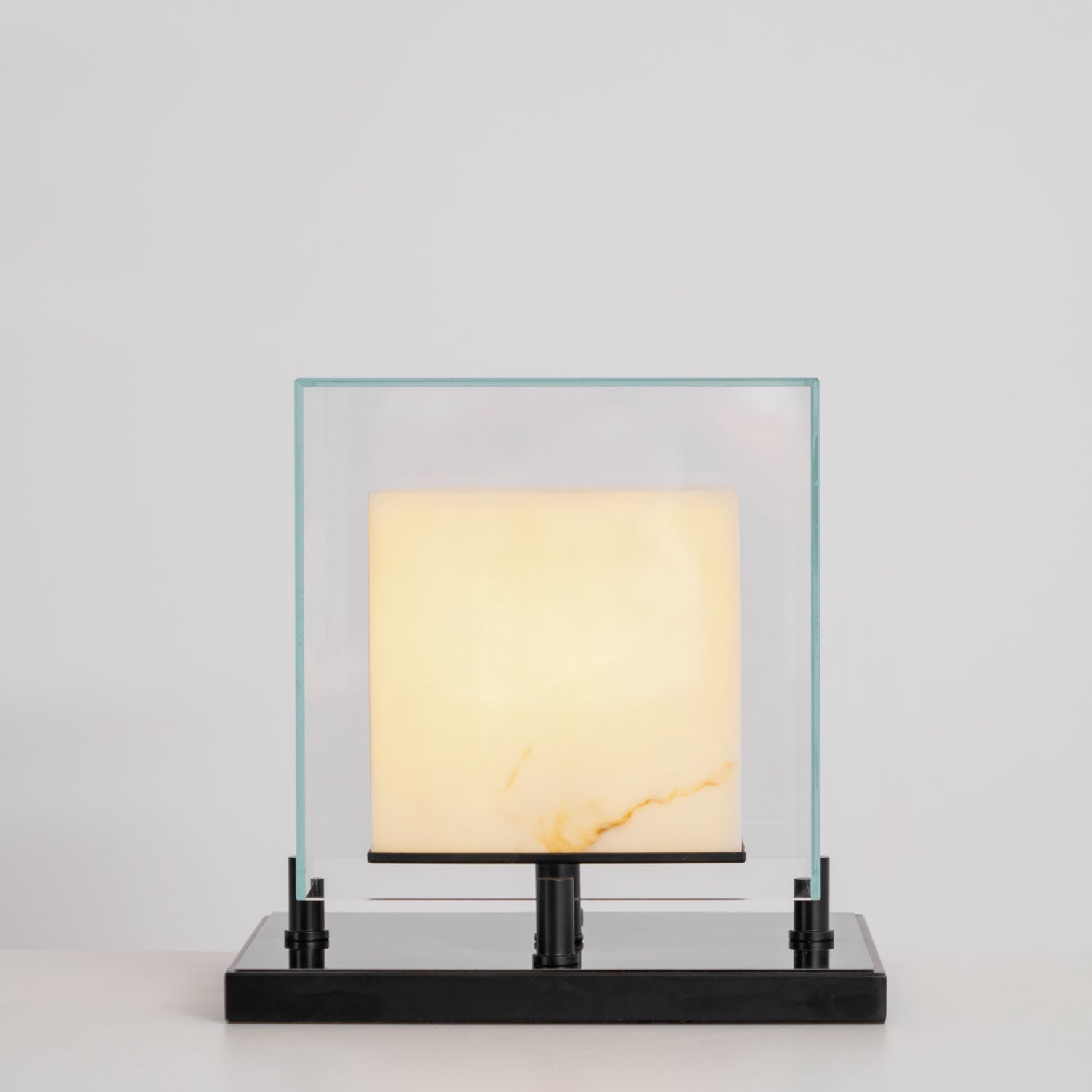Cube Table Lamp with Glass Enclosure and Metal Base