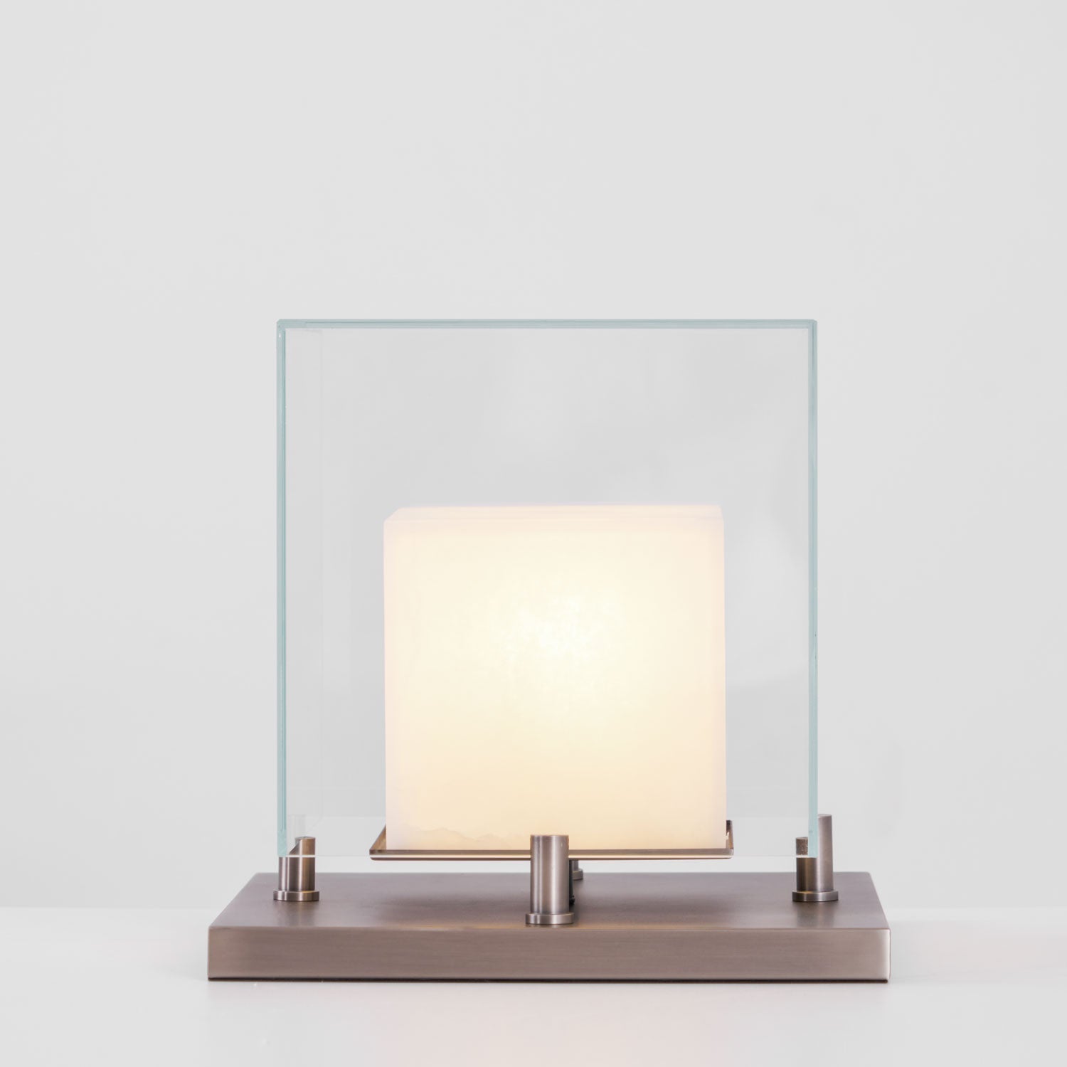 Cube Table Lamp with Glass Enclosure and Metal Base