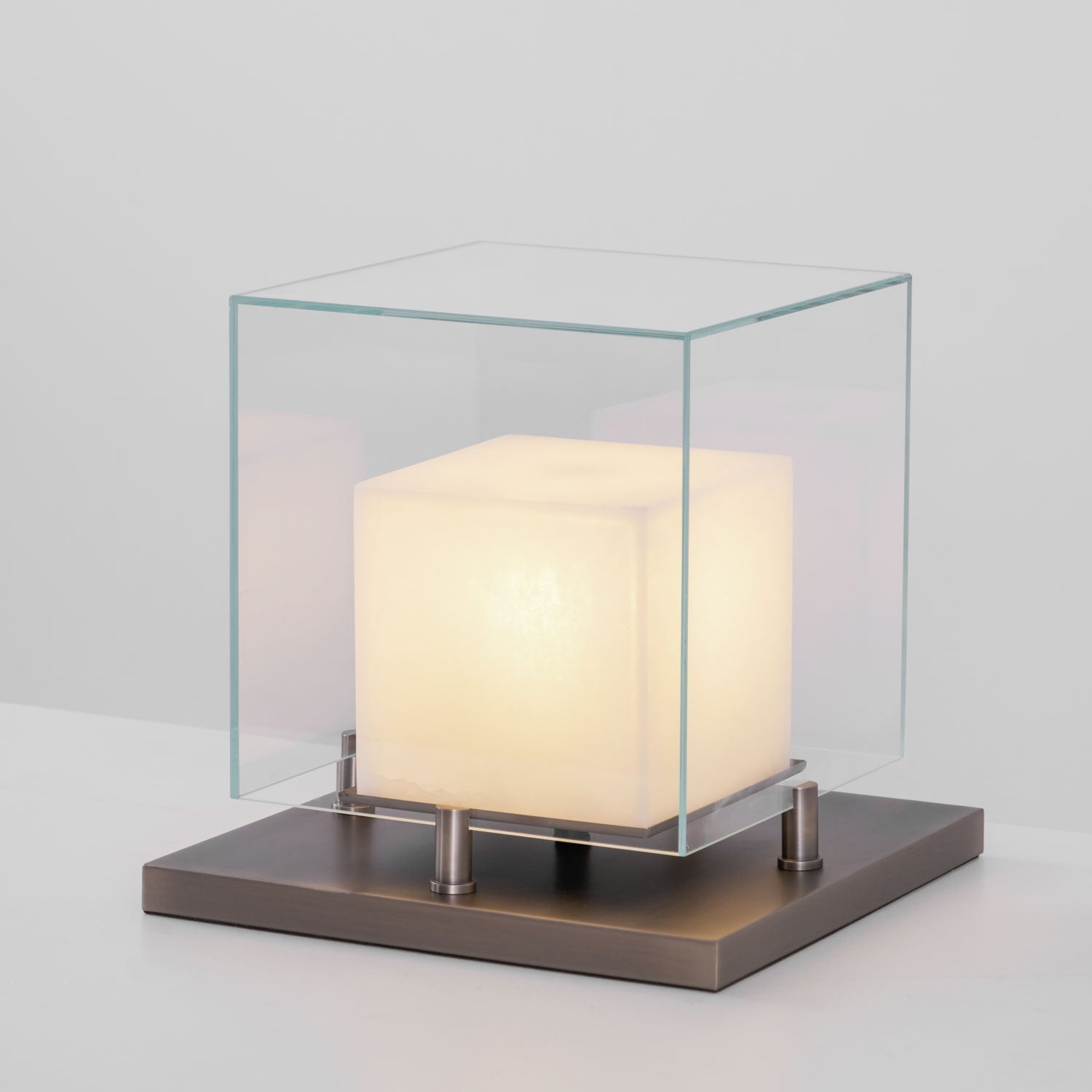 Cube Table Lamp with Glass Enclosure and Metal Base